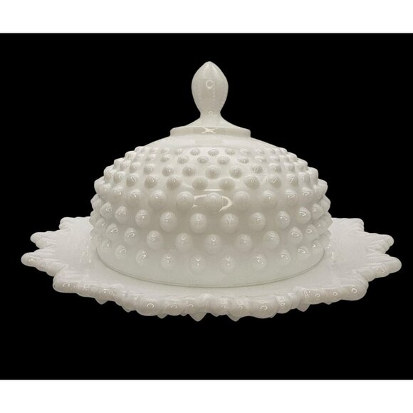 Fenton Hobnail Milk Glass Covered Butter Dish Cheese Dish Round Lidded Tray - Picture 3 of 8